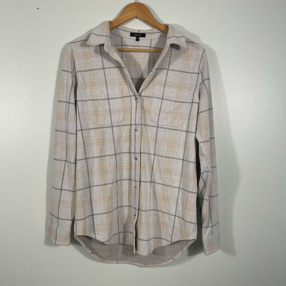 Quince Stretch Sweater Fleece Button-Down Plaid Shirt Beige Gray Size Medium